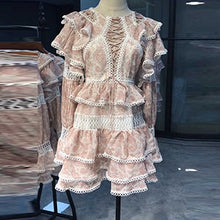 Load image into Gallery viewer, Laced  Mini dresses Jewel-Neck Ruffles Flare Sleeve