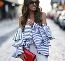 Load image into Gallery viewer, Flounce Off the Shoulder Awning Stripe Blouse