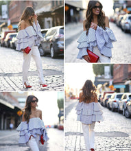 Load image into Gallery viewer, Flounce Off the Shoulder Awning Stripe Blouse